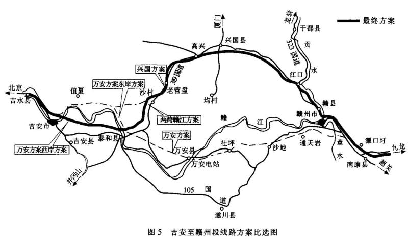 京九铁路两跨赣江绕大弯的万安县至兴国县线路组合方案示意