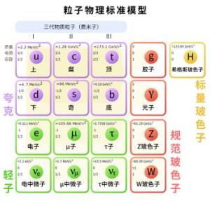 基本粒子的标准模型。电子位于左下方。